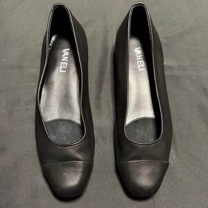 Vaneli Black Leather Cap Toe Block Heel Pumps Women's 6.5W Vero Cuoio